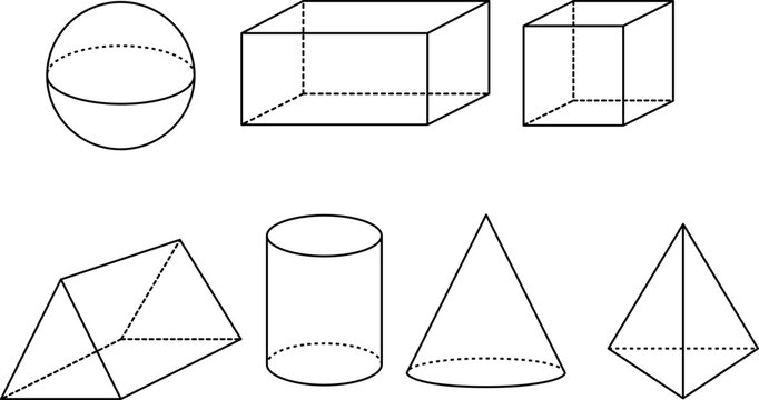 Basic 3D Geometric Shapes Outline Vector Set &ndash; Sphere, Cube, Cuboid, Cylinder, Cone and Pyramid