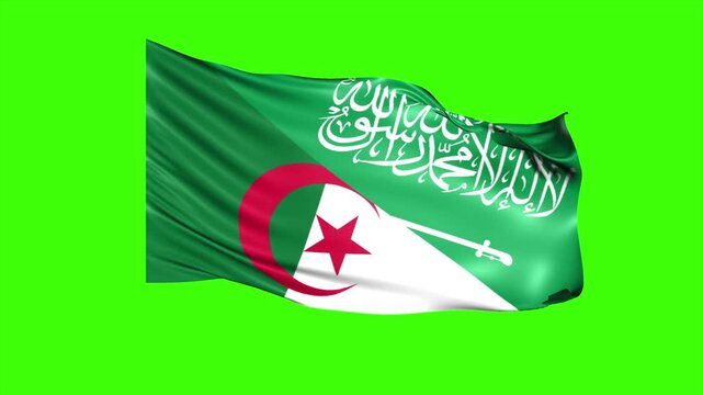 Animated Looping Super Wavy Flag of Saudi Arabia and Algeria Isolated on Green Screen