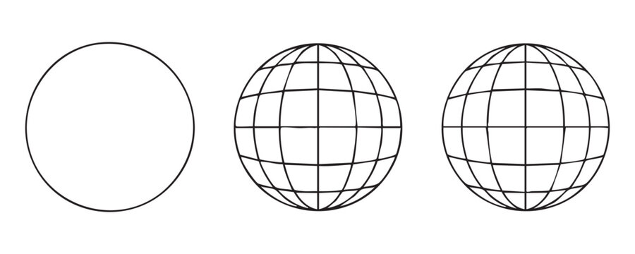 Set of globe icons with grid lines showing simple earth shape and vector mapping for cartography use.