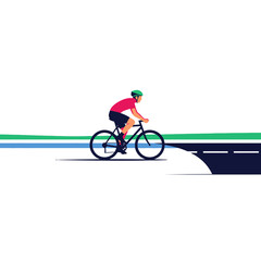Fototapeta premium A cyclist wearing a helmet rides a bicycle along a road with colorful lanes on a sunny day outdoors.