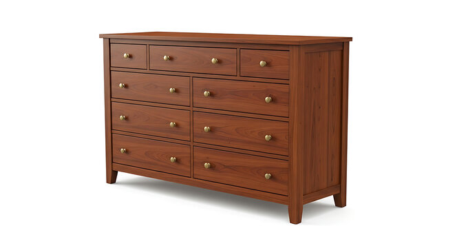 Brown wooden dresser with multiple drawers and gold knobs on white background transparent background