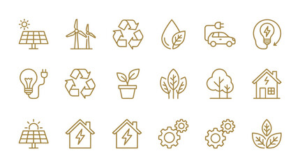 Gold renewable energy and sustainability line icon set. © sanniza