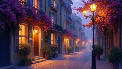 Fototapeta premium Old european street at dusk. Buildings with balconies have purple flowers. Street lamps light up cobblestone path. Evening city atmosphere, romantic and peaceful mood.