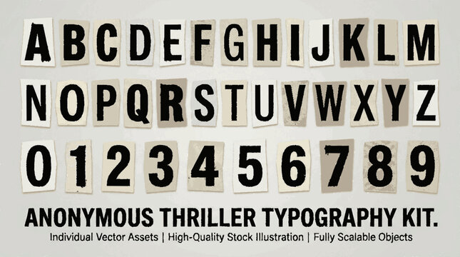 Anonymous thriller ransom note alphabet and number typography kit vector set