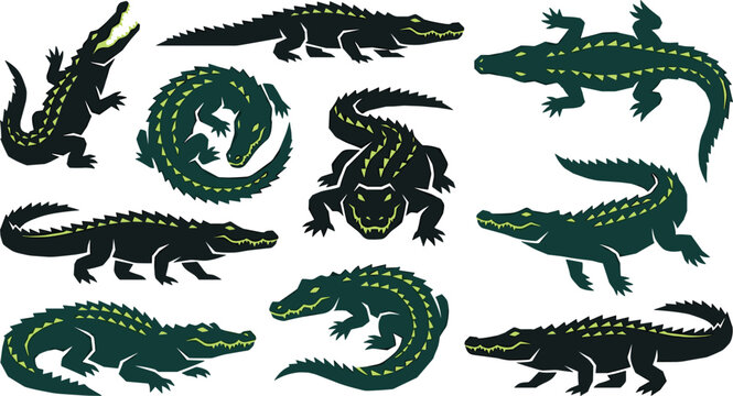 Aggressive Crocodile and Alligator Mascot Vector Graphic Set with Neon Green Spikes Featuring Fierce Reptile Poses for Esports Branding and Team Logo Designs