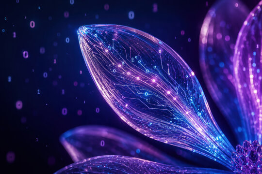 Glowing digital flower petals with luminous network patterns on a dark background. Perfect for AI, biotechnology, innovation, and tech marketing.