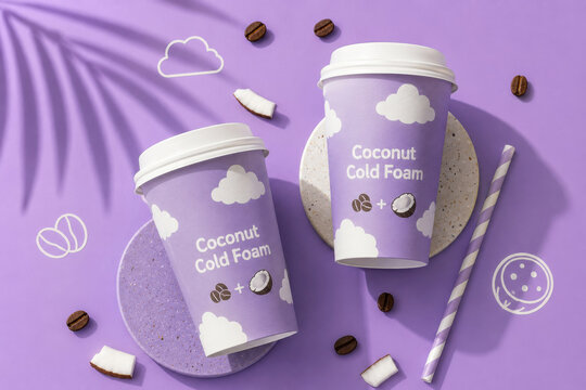 Two coconut cold foam coffees in takeaway cups on a pastel purple background. Perfect for cafe ads, product launches, banners, and social media.