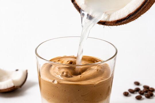 Coconut milk pours into iced coffee, creating creamy swirls in a clear glass. Perfect for cafe ads, drink menus, banners, and social media.