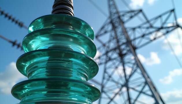 Clear glass insulator on high voltage power line pylon. Translucent turquoise disc unit against blue sky and steel mast. Electric current transmits energy.