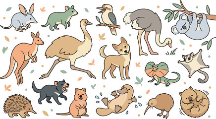 Obraz premium Boho Australian Wildlife Vector Element Set Featuring Kangaroo, Koala, Wombat, Platypus, Emu, and Dingo in Pastel Colors for Nursery and Graphic Designs