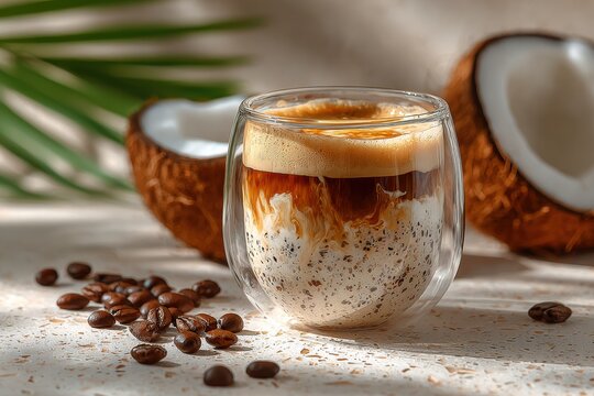 Creamy iced coffee in a glass with coconut halves and roasted beans in warm light. Perfect for cafe ads, summer menus, banners, and social media.