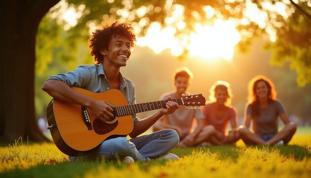 Young man plays guitar for friends in park. People sit on grass, enjoy music and golden sunset light. Relaxing summer evening with acoustic song.