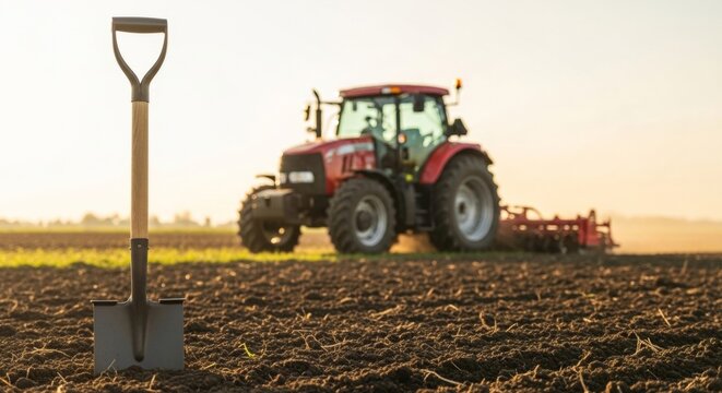 Shovel in rich soil, tractor plowing field at golden hour sunset, agriculture concept
