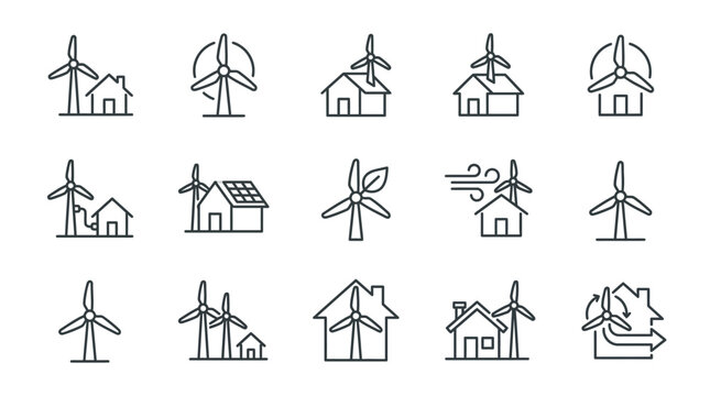 Renewable energy home and windmill icon collection.