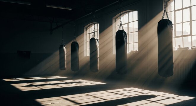 Boxing punching bags hang in a sunlit gym, casting dramatic shadows, symbolizing intense combat training and discipline.