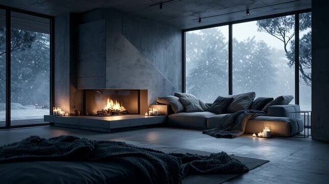 Minimal Scandinavian luxury cabin interior with a modern stone fireplace, soft knitted blankets, candles, snow falling outside giant panoramic windows, elegant editorial composition with generous spac
