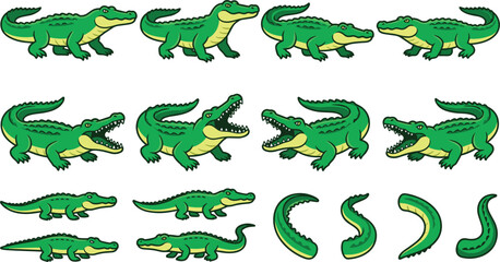 Fototapeta premium Cartoon Crocodile Character Animation Sprite Sheet Vector Set Featuring Green Alligator Poses, Roaring Mouths, and Separated Tails for Game Design Layouts