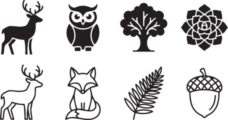 Fototapeta premium Black and white forest animal icons with trees and leaves