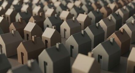 Obraz premium Rows of small, minimalist houses in earth tones arranged diagonally, symbolizing real estate investment and growth in soft, cinematic lighting.
