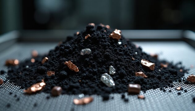 Black powder with copper and silver fragments piled on a metal sieve. Material is from recycled lithium battery, processed in lab for reuse.