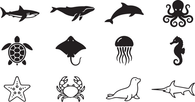 Black sea creatures silhouettes on white background