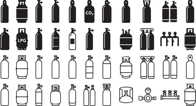 Collection of various gas cylinder icons in black and white