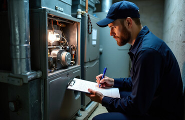HVAC technician checks furnace in basement. Man with beard and cap writes on clipboard. Home heating system inspection. Professional service.