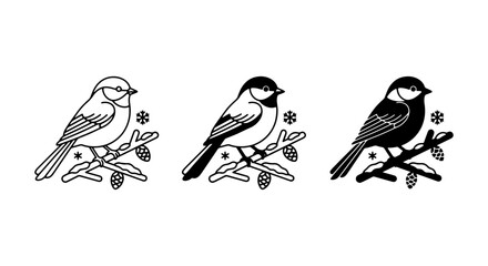 Charming Titmouse Bird Illustrations, Set of 3 Vector Icons, Nature Wildlife Graphics, Delicate Winter Snowflakes, Black and White Line Art © Sohel