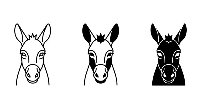 Donkey Head Icons: Simple Line Art, Outline, and Silhouette Vector Graphics for Animal and Farm Themes