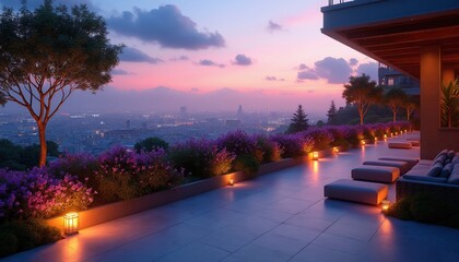 Fototapeta premium Luxury terrace overlooking city at twilight. Flowering plants and soft lamps create cozy ambiance. Modern patio with distant urban skyline views offers quiet relaxation.