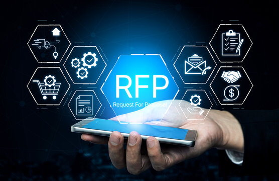 Digital transformation concept showcasing Request For Proposal (RFP) using mobile technology and various service icons interacting with user in dark background. Bitwise.