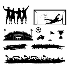 Soccer Silhouette Elements Collection with Stadium, Fans, Goalkeeper and Trophy © Khulqi