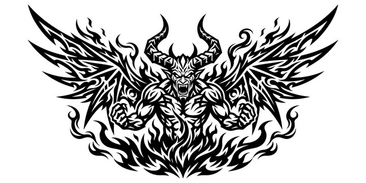 Intricate black and white illustration of a demonic creature with wings and horns tribal tattoo design on a white background