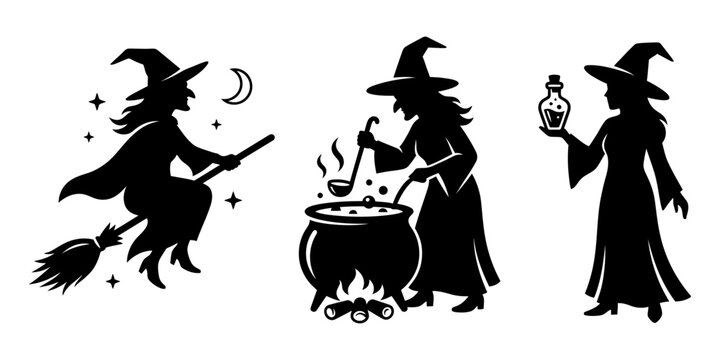 Three black silhouettes of witches flying on broomsticks brewing potions and holding bottles against a starry night background