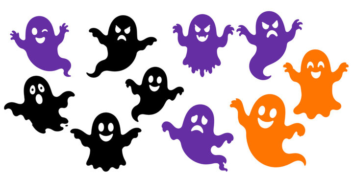 Colorful ghost silhouettes floating on a white background for halloween themed designs and spooky seasonal celebrations