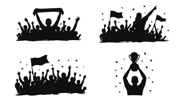 Football Supporters Silhouette Set with Cheering Fans and Champion Celebration