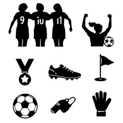 Soccer Silhouette Icons Set with Women Players Equipment and Sports Elements © Khulqi