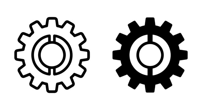 Two Gear Icons, Outline and Solid Black, Mechanical Engineering Symbols, Industrial Machine Parts, Vector Graphics for Technology and Industry Concepts