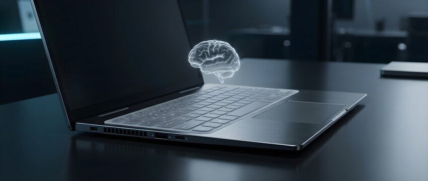 Holographic human brain icon floating above a modern laptop symbolizing artificial intelligence and machine learning