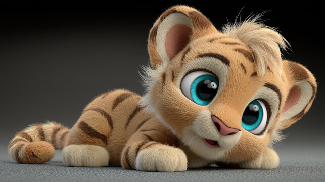 Cute kawaii cartoon animals with adorable faces in 3D. Playful  tiger character perfect for kids' designs and festive celebrations.