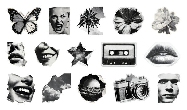PNG Retro collage with black and white cutout elements, transparent background