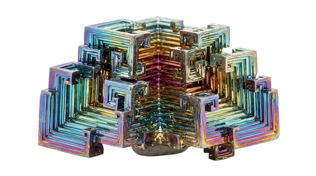 A stunning bismuth crystal exhibiting a rainbow of iridescent colors in a unique geometric structure