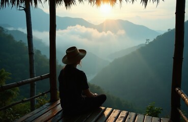 Fototapeta premium Woman with hat sits on wooden balcony. She looks at misty mountains at sunrise. She enjoys quiet nature and solitude from a peaceful viewpoint.