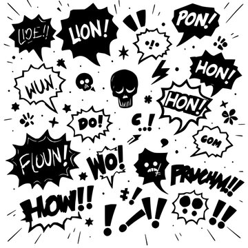 Speech bubbles and symbols set with comic-style illustrations depicting strong emotions and profanity featuring exclamations, skulls, bombs with lightning and punctuation