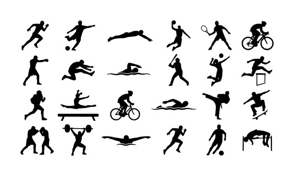 Sports silhouettes set with 24 dynamic action poses arranged in a 6x4 grid featuring running, jumping, boxing with vector and monochrome