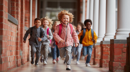 Obraz premium Excited Diverse Students Running in School Corridor, Back to School Joy, Group of Children with Backpacks, Primary Education Friendship, Happy School Break excitement, back-to-scho