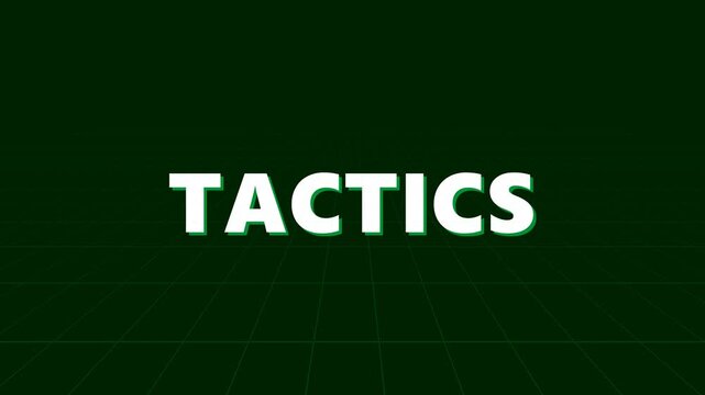 Dark green soccer turf grass background with perspective tactical grid overlay and tactics text