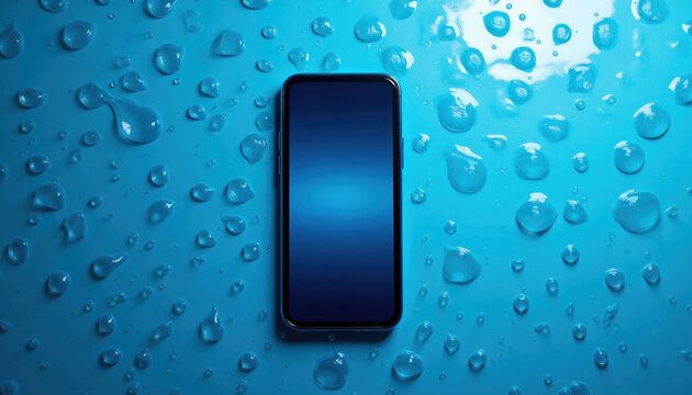 Modern smartphone with blank screen lies on blue surface. Symmetrical water drops surround device creating wet environment. Useful for tech, digital, wet look mockups.