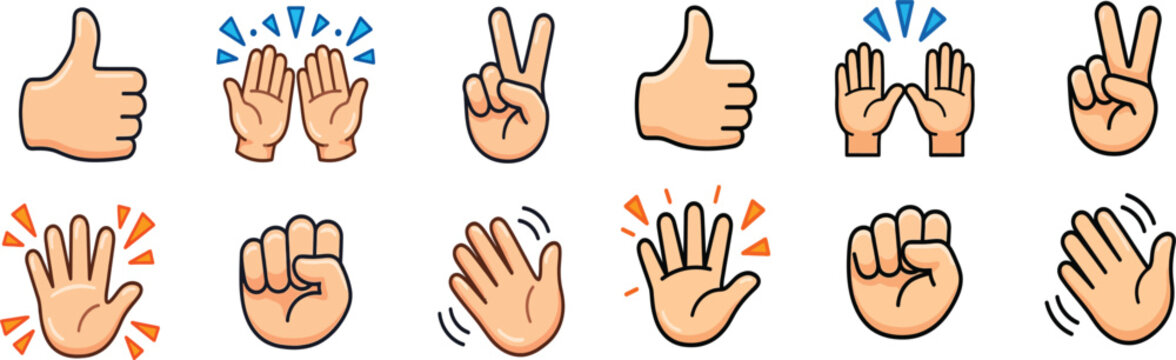 Collection of various hand gestures including thumbs up clapping and peace sign with thumbs up gestures communication thumbs-up clapping illustration expressive language feedback positive