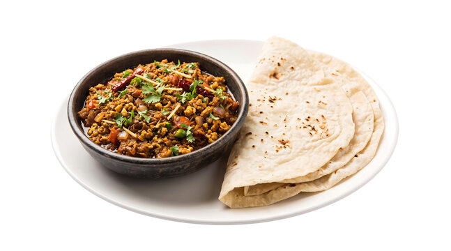 flavorful egg keema masala served in a dark ceramic bowl alongside folded soft rumali roti bread on a white ceramic plate